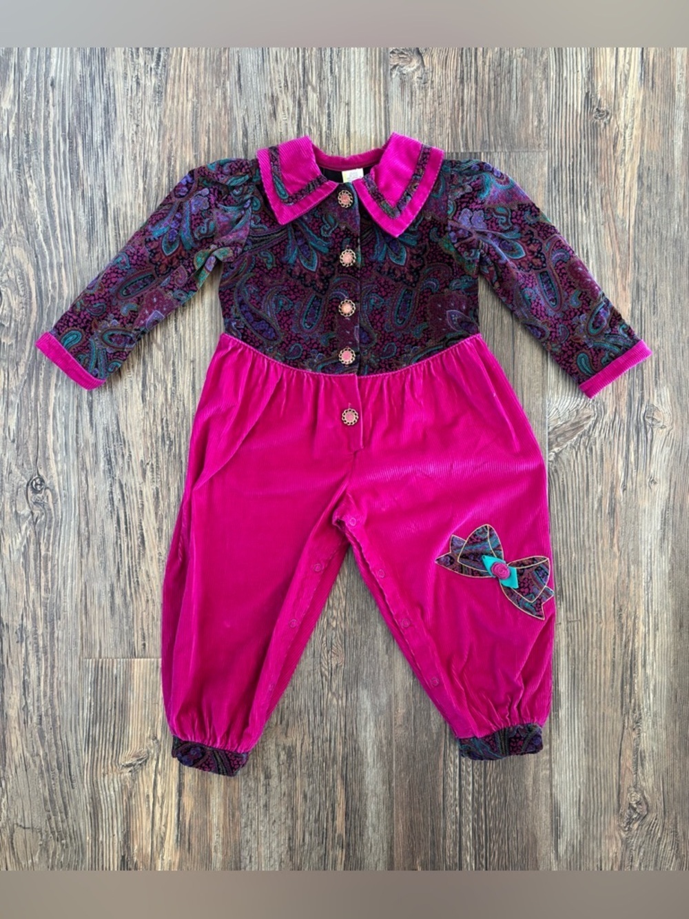 Vtg Kids Corduroy Jumpsuit Jumper Romper Girls 3T Pink Colorful Paisley Cottage